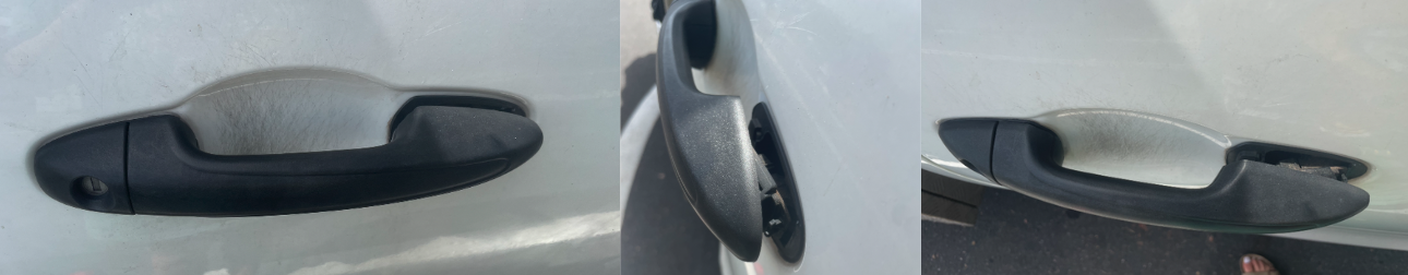 This Toyota Hilux's door handle assembly has broken — the plastic housing and internal clips have both failed.